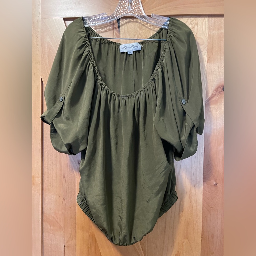 Fifteen Twenty off the shoulder silk top in army green, size medium